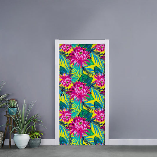 Tropical Lotus Pattern Print Door Sticker