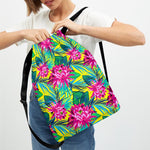 Tropical Lotus Pattern Print Drawstring Backpack