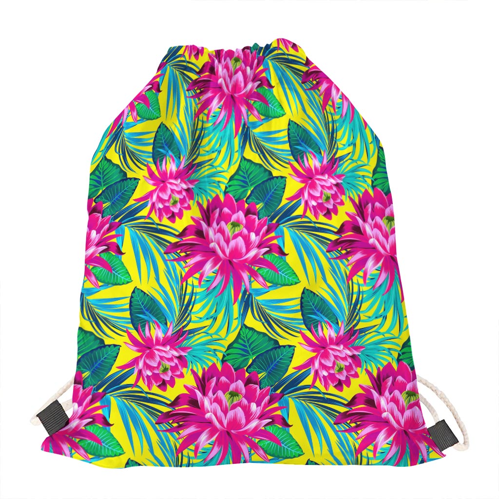 Tropical Lotus Pattern Print Drawstring Bag