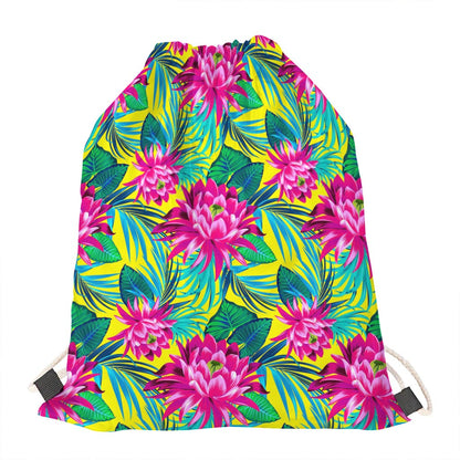 Tropical Lotus Pattern Print Drawstring Bag