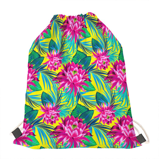 Tropical Lotus Pattern Print Drawstring Bag