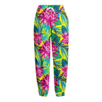Tropical Lotus Pattern Print Fleece Lined Knit Pants