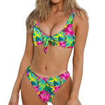 Tropical Lotus Pattern Print Front Bow Tie Bikini