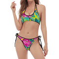 Tropical Lotus Pattern Print Halter Scoop Tie Side Bikini