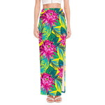Tropical Lotus Pattern Print High Slit Maxi Skirt