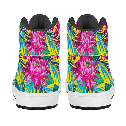 Tropical Lotus Pattern Print High Top Leather Sneakers