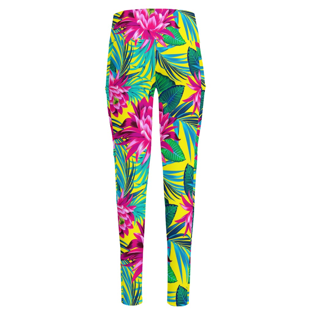 Tropical Lotus Pattern Print High-Waisted Pocket Leggings