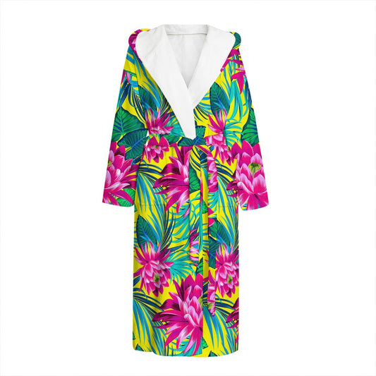 Tropical Lotus Pattern Print Hooded Bathrobe