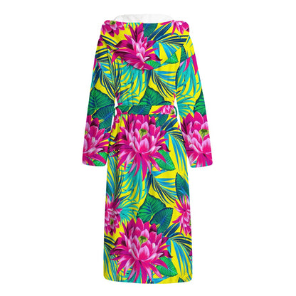 Tropical Lotus Pattern Print Hooded Bathrobe