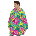 Tropical Lotus Pattern Print Hoodie Blanket