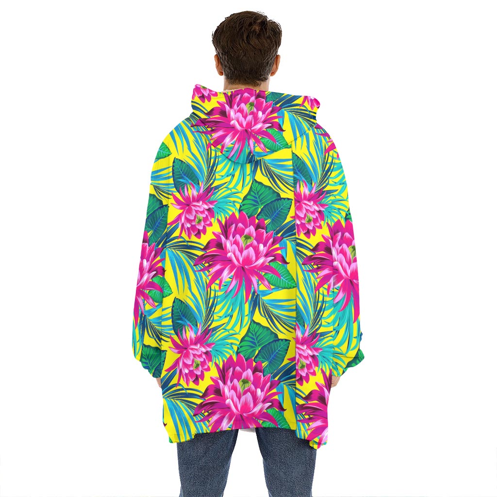 Tropical Lotus Pattern Print Hoodie Blanket