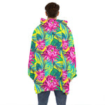 Tropical Lotus Pattern Print Hoodie Blanket