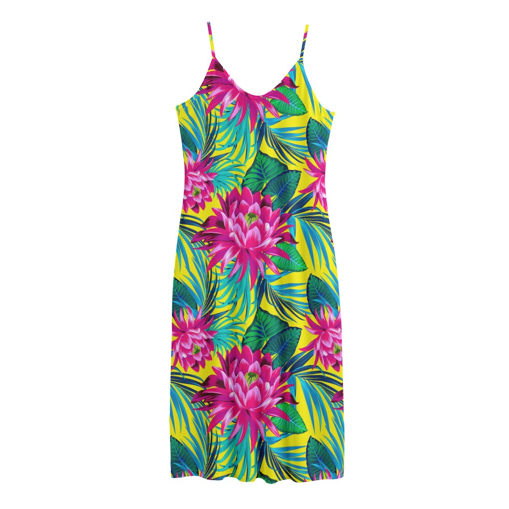 Tropical Lotus Pattern Print Jersey Midi Cami Dress