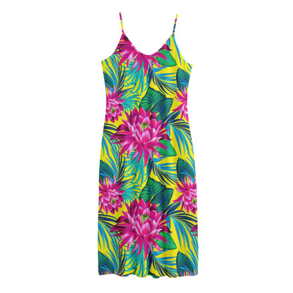 Tropical Lotus Pattern Print Jersey Midi Cami Dress