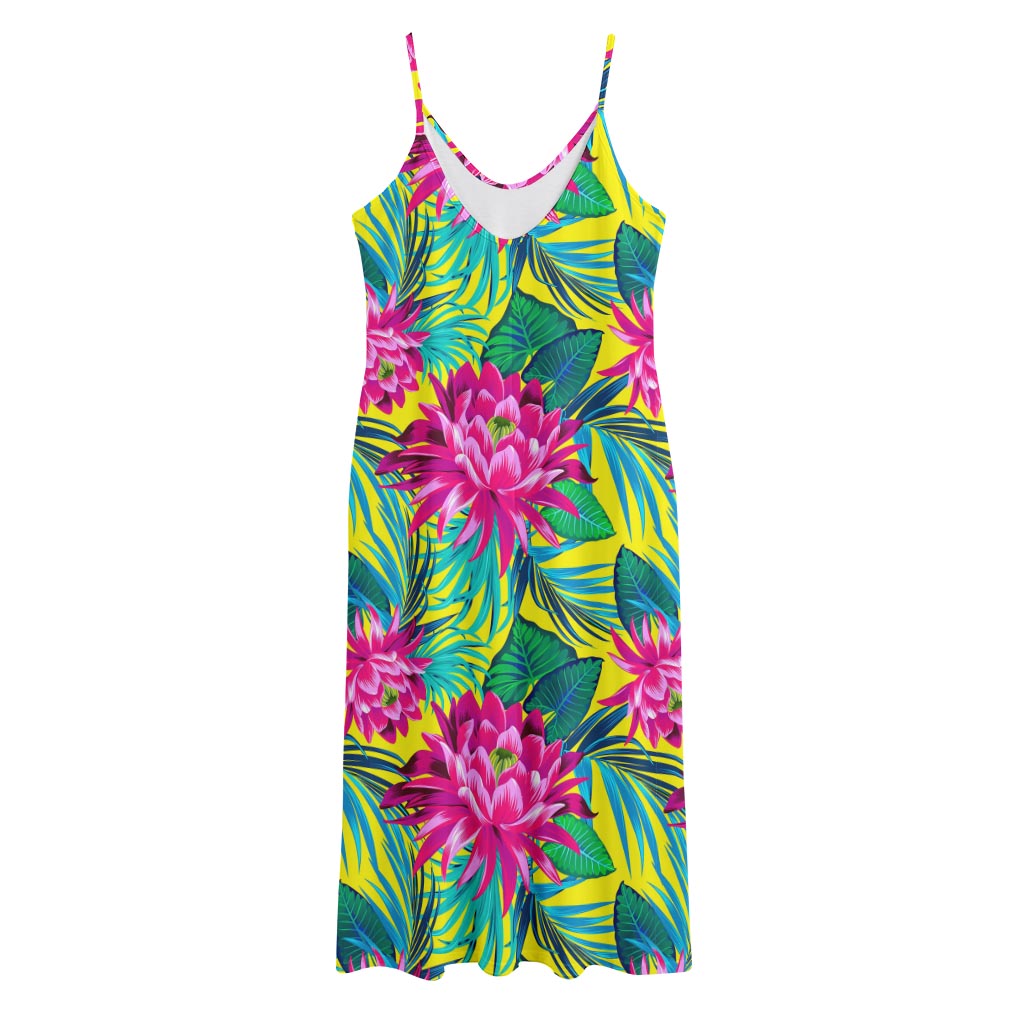 Tropical Lotus Pattern Print Jersey Midi Cami Dress