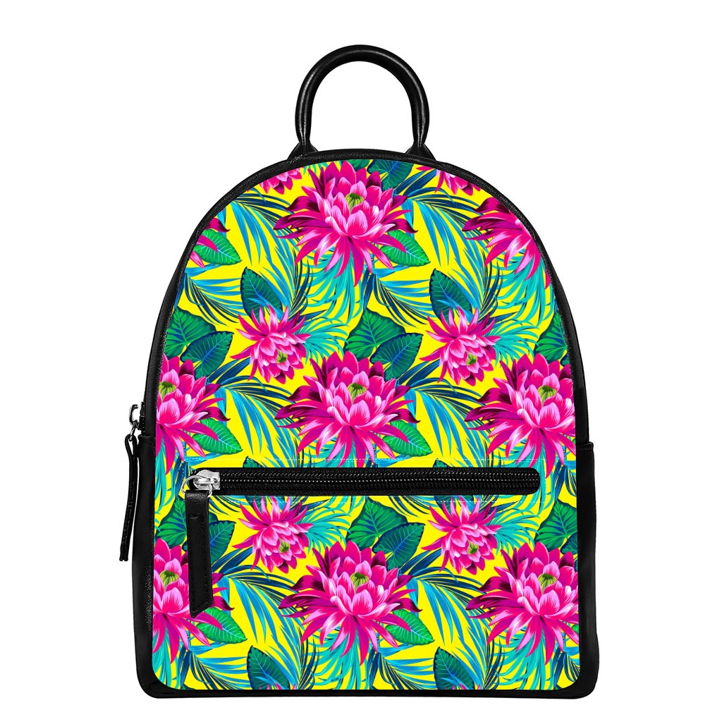 Tropical Lotus Pattern Print Leather Backpack