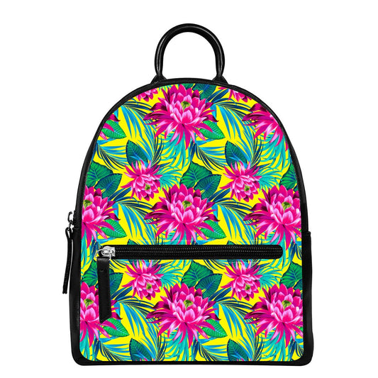 Tropical Lotus Pattern Print Leather Backpack