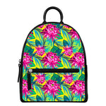 Tropical Lotus Pattern Print Leather Backpack