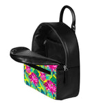 Tropical Lotus Pattern Print Leather Backpack