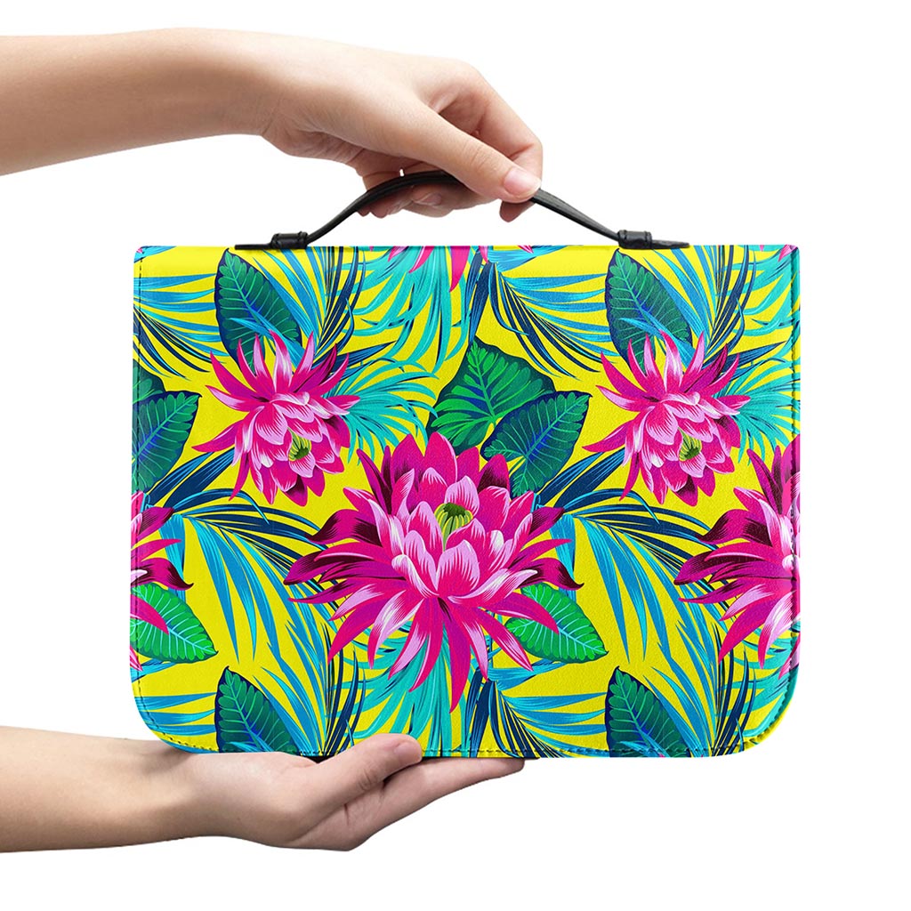 Tropical Lotus Pattern Print Leather Bible Cover