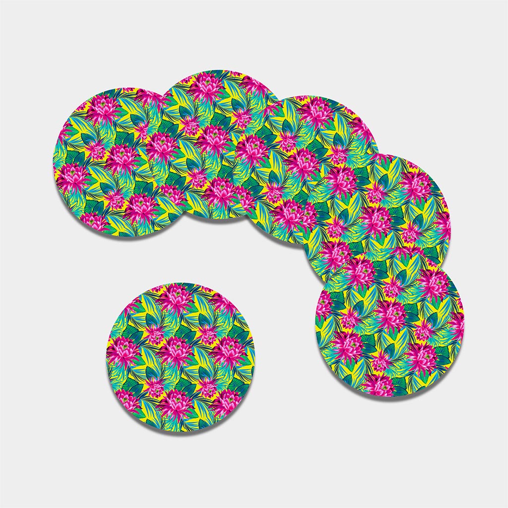 Tropical Lotus Pattern Print Leather Coaster Set