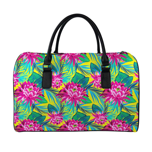 Tropical Lotus Pattern Print Leather Duffle Bag