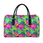 Tropical Lotus Pattern Print Leather Duffle Bag