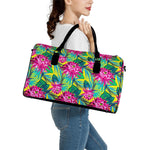 Tropical Lotus Pattern Print Leather Duffle Bag