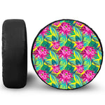 Tropical Lotus Pattern Print Leather Spare Tire Cover