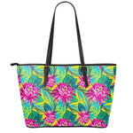Tropical Lotus Pattern Print Leather Tote Bag