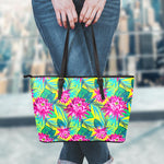 Tropical Lotus Pattern Print Leather Tote Bag