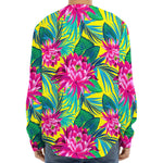 Tropical Lotus Pattern Print Long Sleeve Baseball Jersey