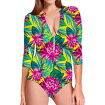Tropical Lotus Pattern Print Long Sleeve Swimsuit