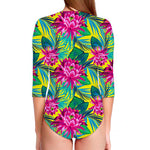 Tropical Lotus Pattern Print Long Sleeve Swimsuit