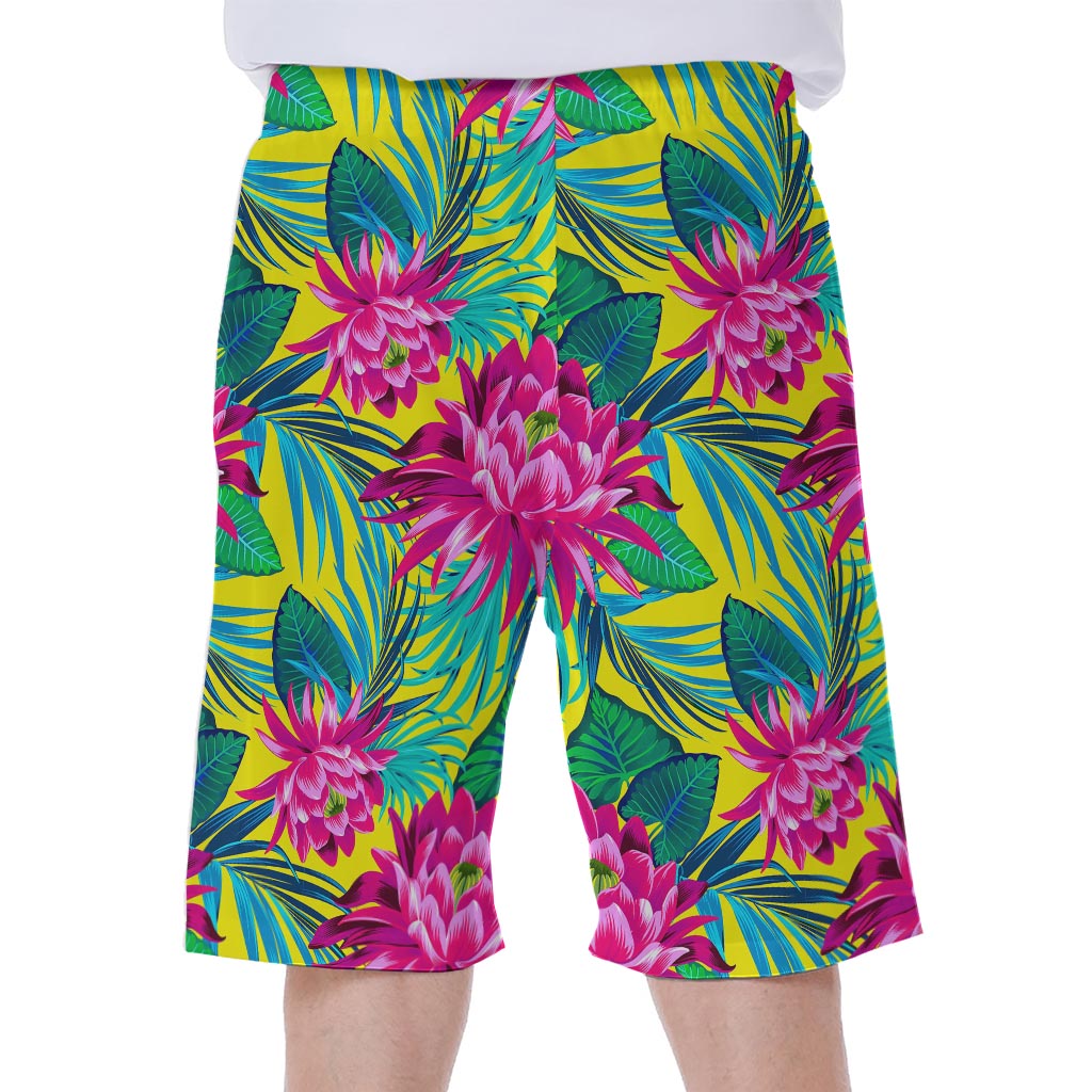 Tropical Lotus Pattern Print Men's Beach Shorts