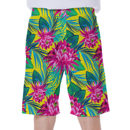 Tropical Lotus Pattern Print Men's Beach Shorts
