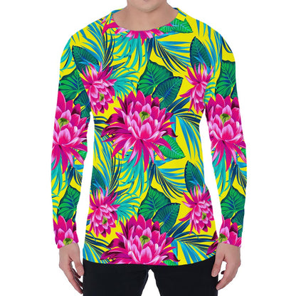 Tropical Lotus Pattern Print Men's Long Sleeve T-Shirt