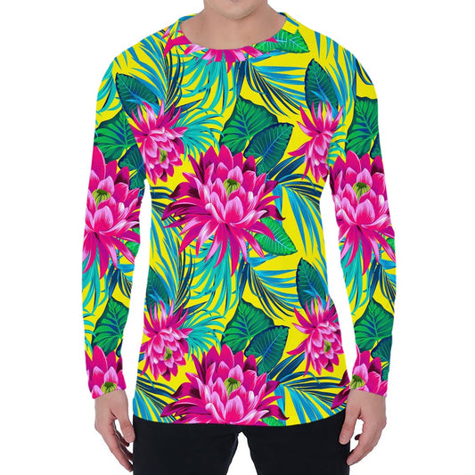 Tropical Lotus Pattern Print Men's Long Sleeve T-Shirt