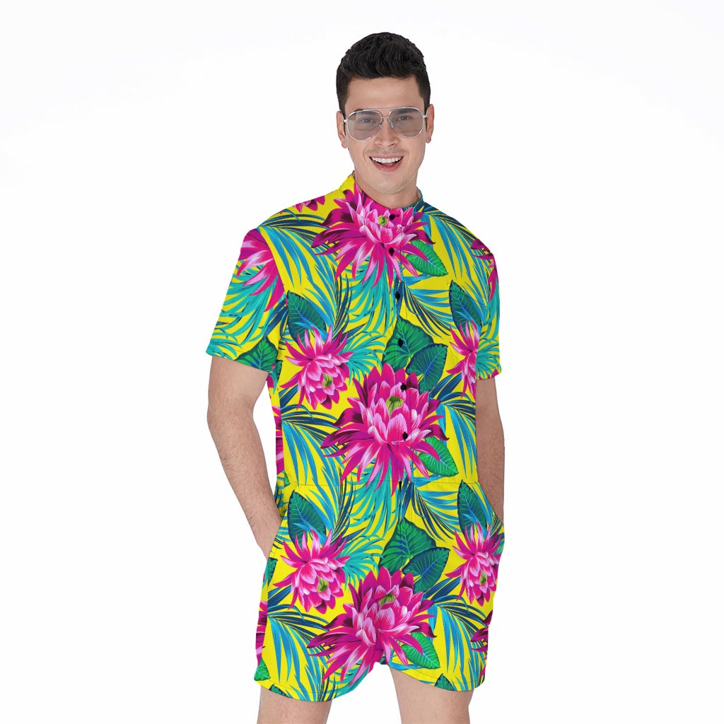 Tropical Lotus Pattern Print Men's Rompers