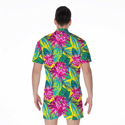 Tropical Lotus Pattern Print Men's Rompers