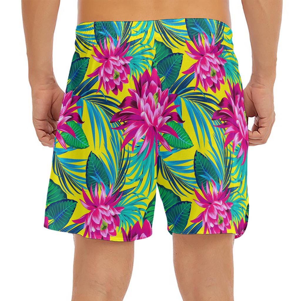 Tropical Lotus Pattern Print Men's Split Running Shorts