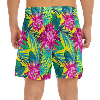 Tropical Lotus Pattern Print Men's Split Running Shorts