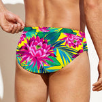 Tropical Lotus Pattern Print Men's Swim Briefs