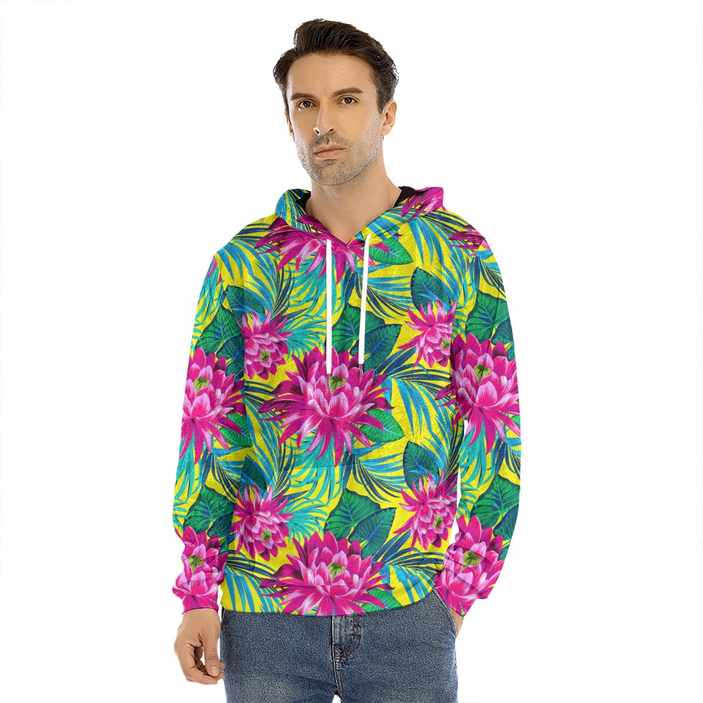 Tropical Lotus Pattern Print Men's Velvet Pullover Hoodie