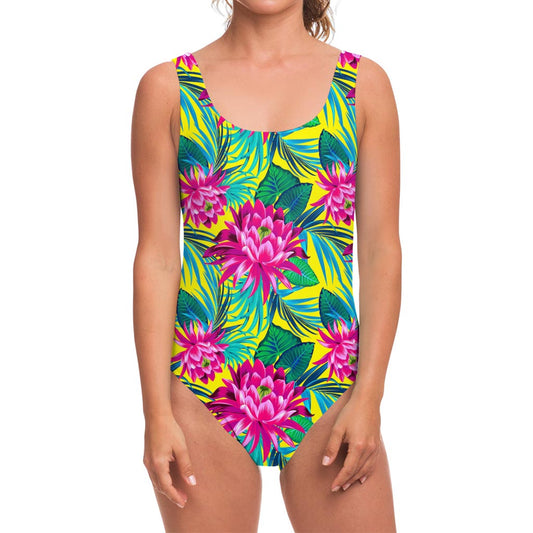 Tropical Lotus Pattern Print One Piece Swimsuit