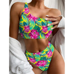 Tropical Lotus Pattern Print One Shoulder Bikini Top