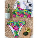 Tropical Lotus Pattern Print One Shoulder Bikini Top