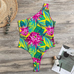 Tropical Lotus Pattern Print One Shoulder Bodysuit