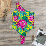 Tropical Lotus Pattern Print One Shoulder Bodysuit