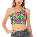 Tropical Lotus Pattern Print One Shoulder Crop Top